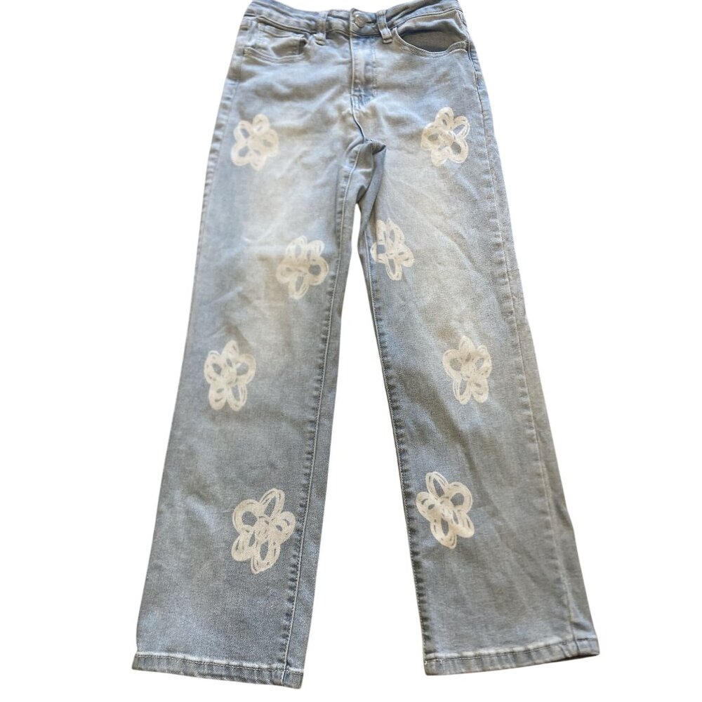 YMI Girl Light Wash Straight-Leg Jeans With White Floral Embroidery Size 12